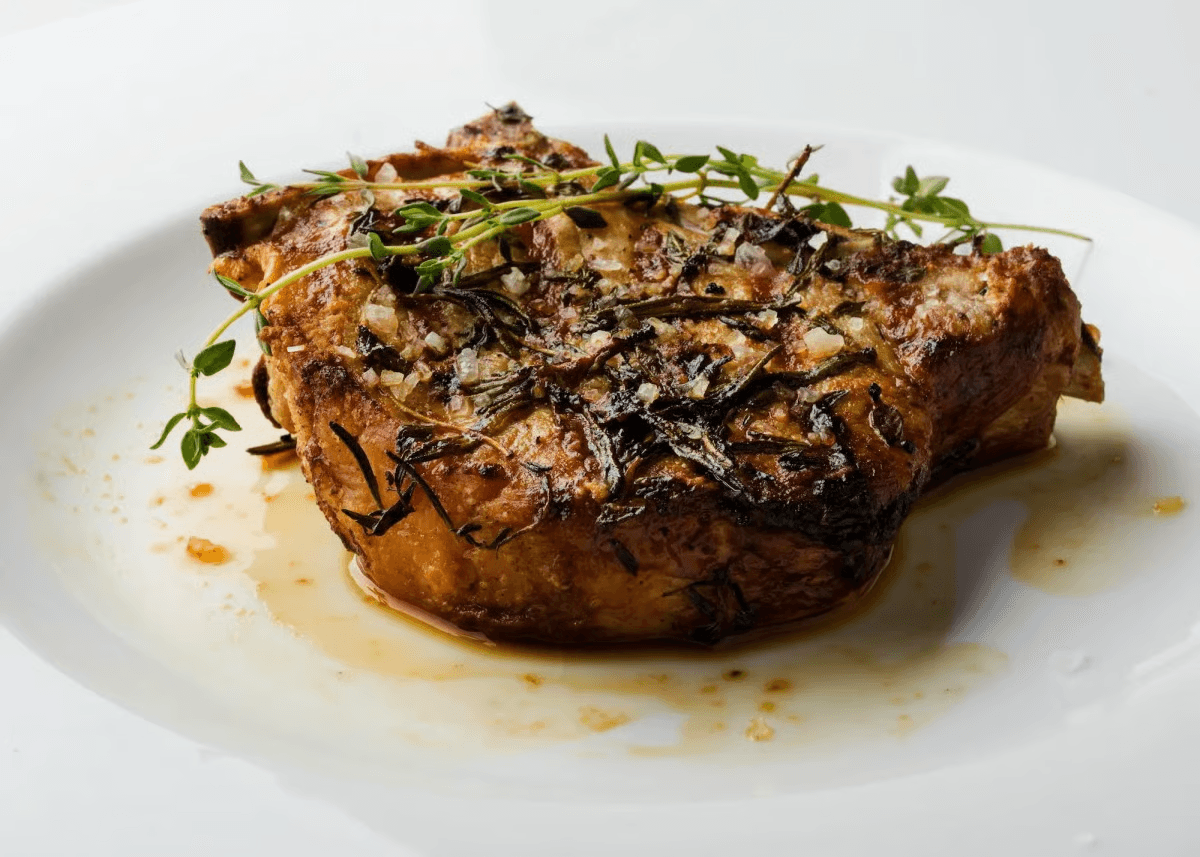 Herb-crusted steak plated with sauce